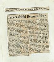  Turner Reunion article in the Amarillo Globe News on June 20, 1955.
